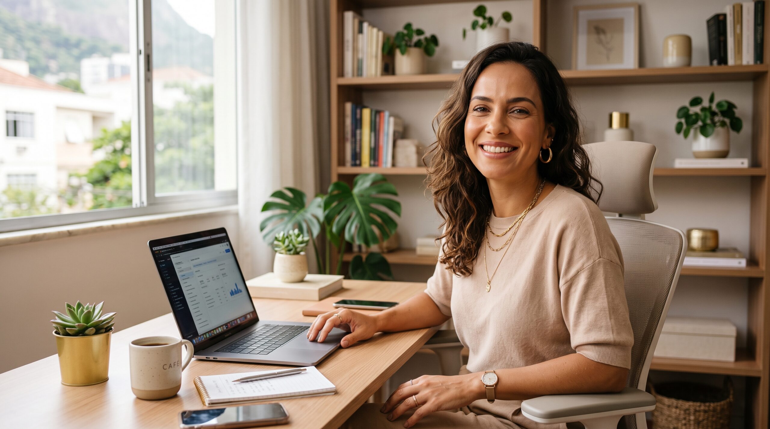 Mulher sorrindo e confiante, trabalhando em um laptop em um ambiente iluminado, representando construção de marca pessoal e renda extra